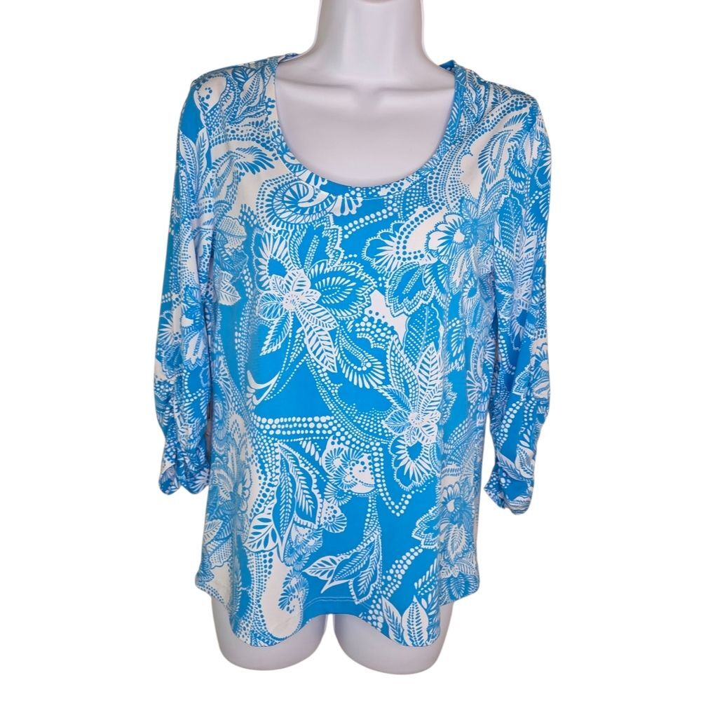 Chico's Stretch Jersey Floral Ruched Sleeve Blouse Top Size 0 Small
